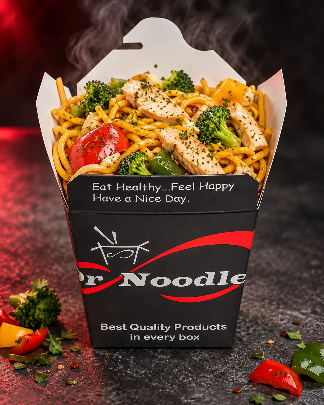 A finished steaming chicken noodle dish in a branded Dr Noodles box
